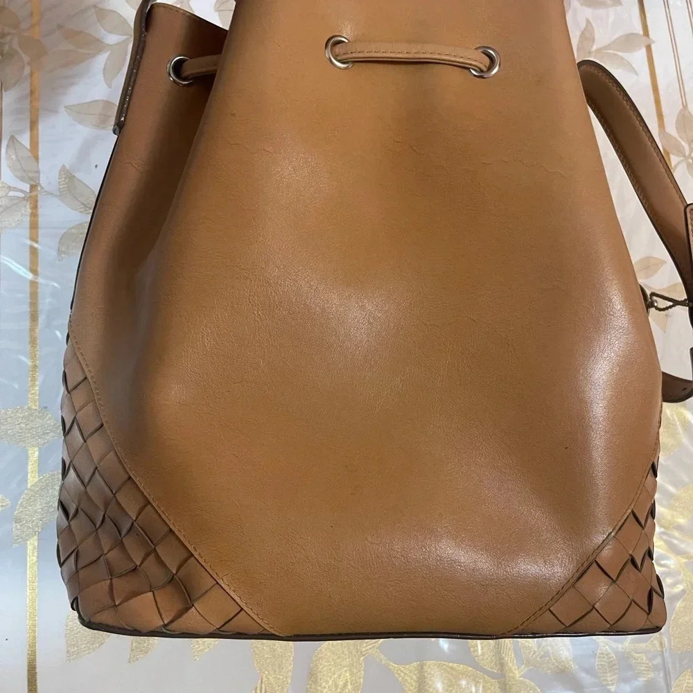 Tan Leather Drawstring Bucket Bag - Women's Shoulder Purse - Picture 2 of 10